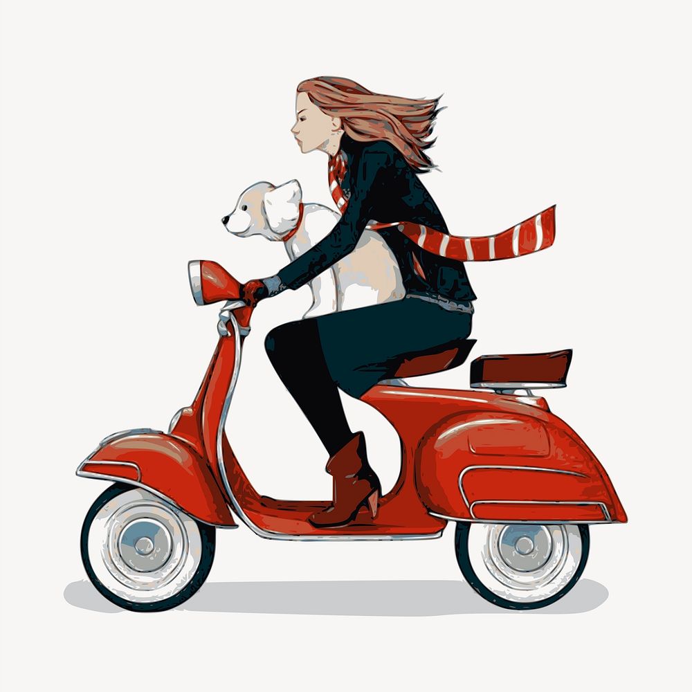 Woman riding scooter sticker, transportation illustration psd. Free public domain CC0 image.
