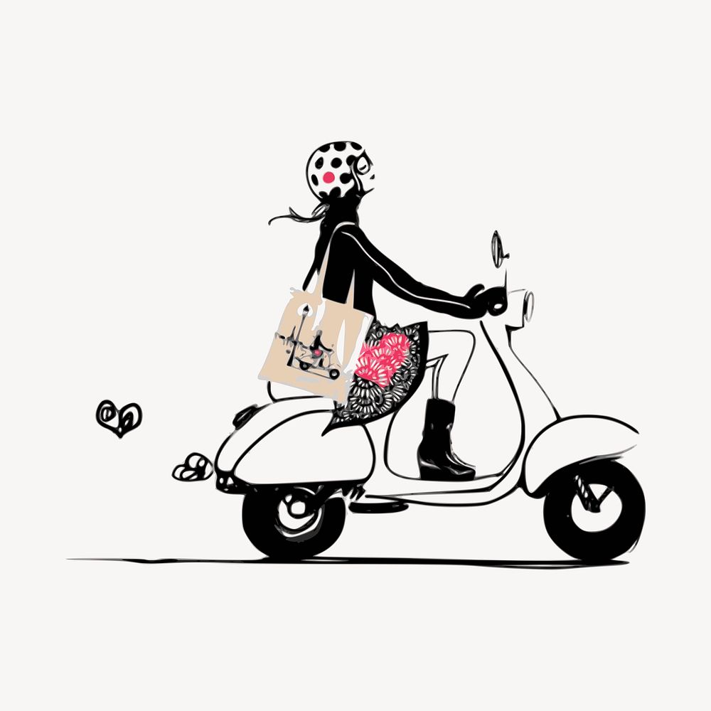 Woman riding scooter clipart, transportation illustration vector. Free public domain CC0 image.
