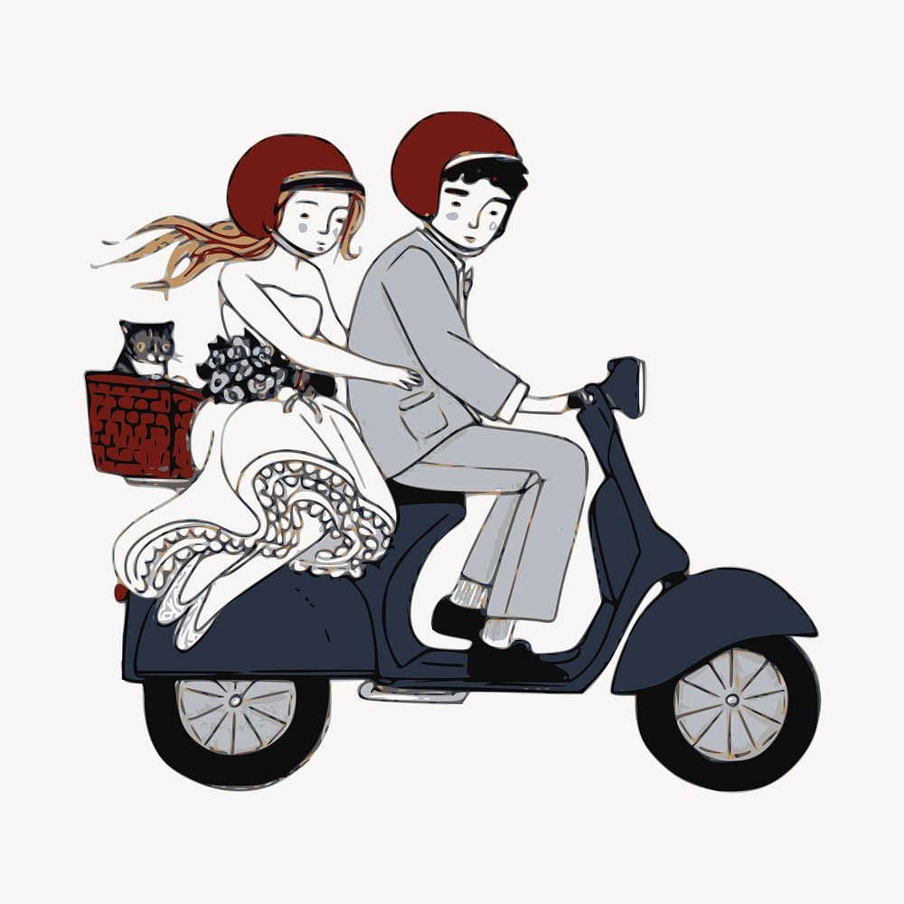 Newlywed riding scooter clipart, transportation illustration vector. Free public domain CC0 image.