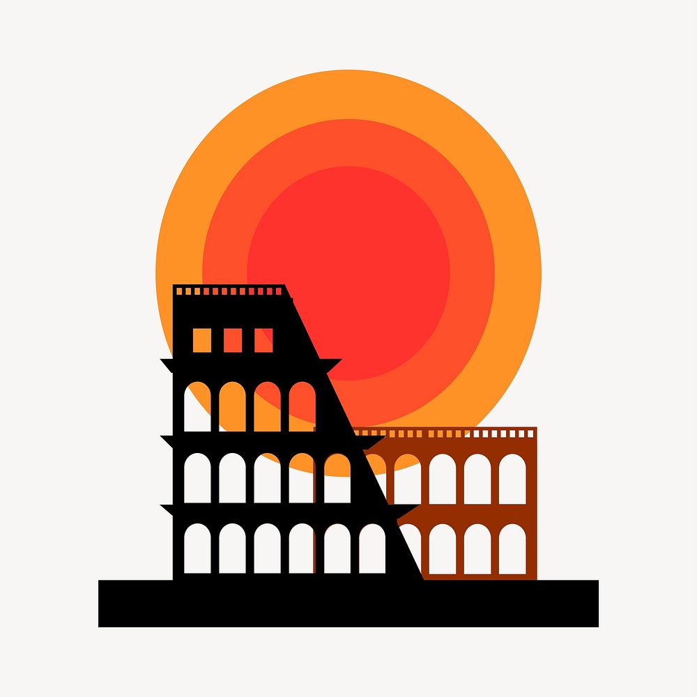 Colosseum sunset clipart, tourist landmark illustration. Free public domain CC0 image.