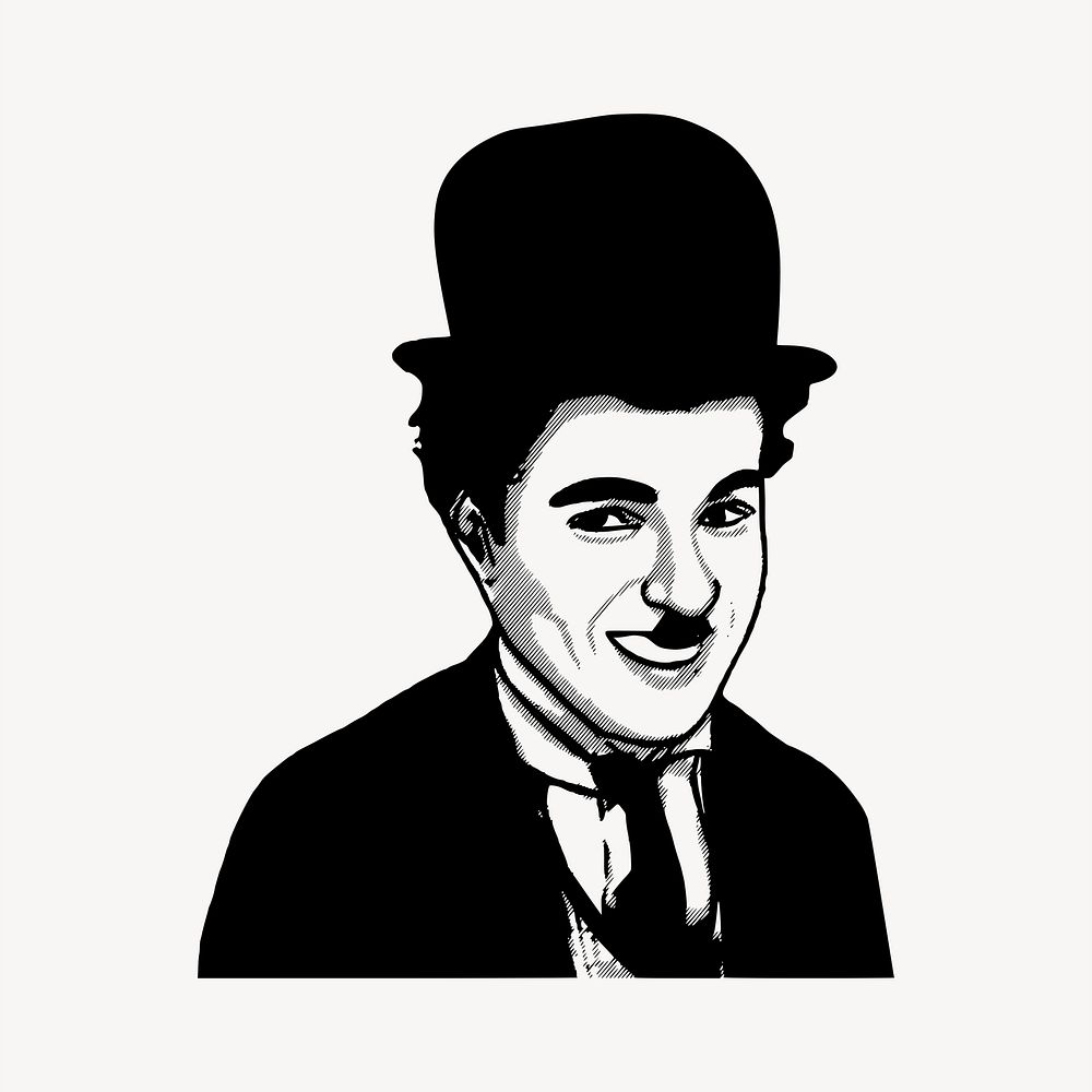 Charlie Chaplin drawing, famous person portrait illustration. Free public domain CC0 image.