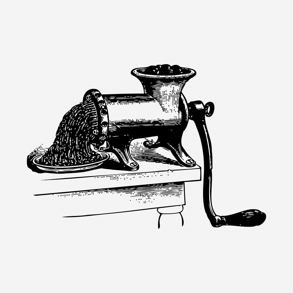 Meat grinder drawing, vintage object illustration. Free public domain CC0 image.