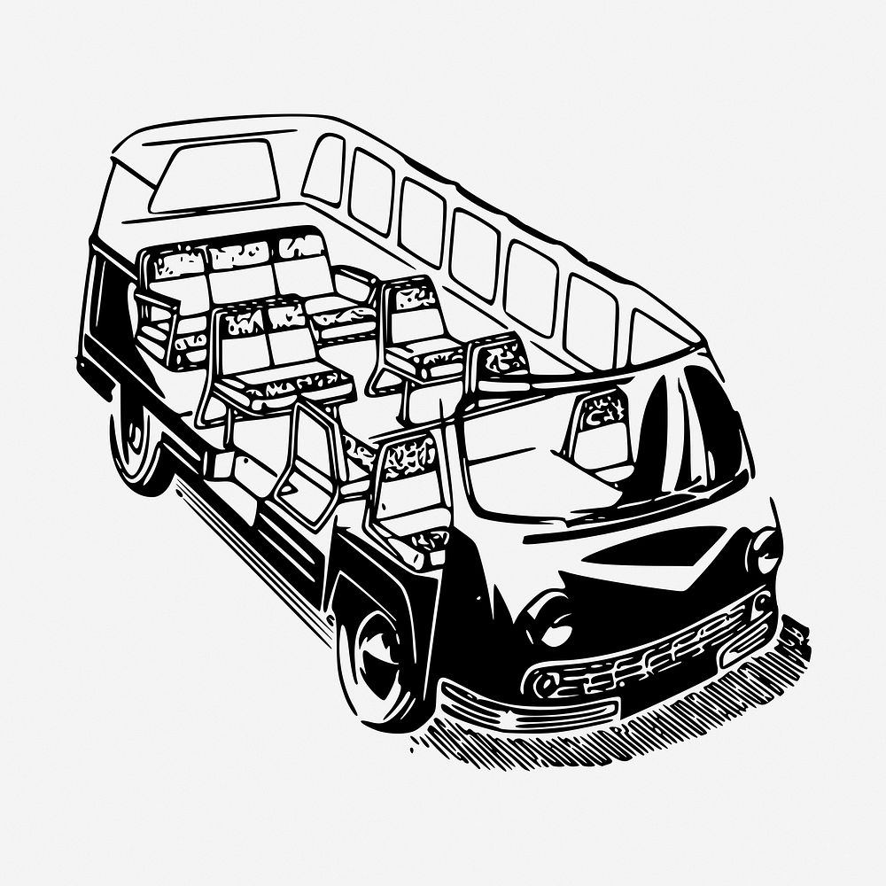 Minivan drawing, vintage vehicle illustration. Free public domain CC0 image.