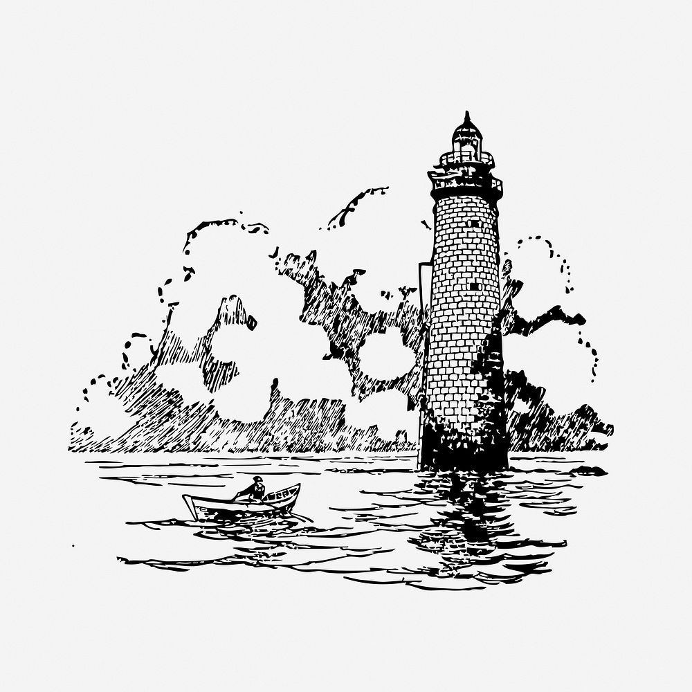 Lighthouse drawing, vintage architecture illustration. Free public domain CC0 image.