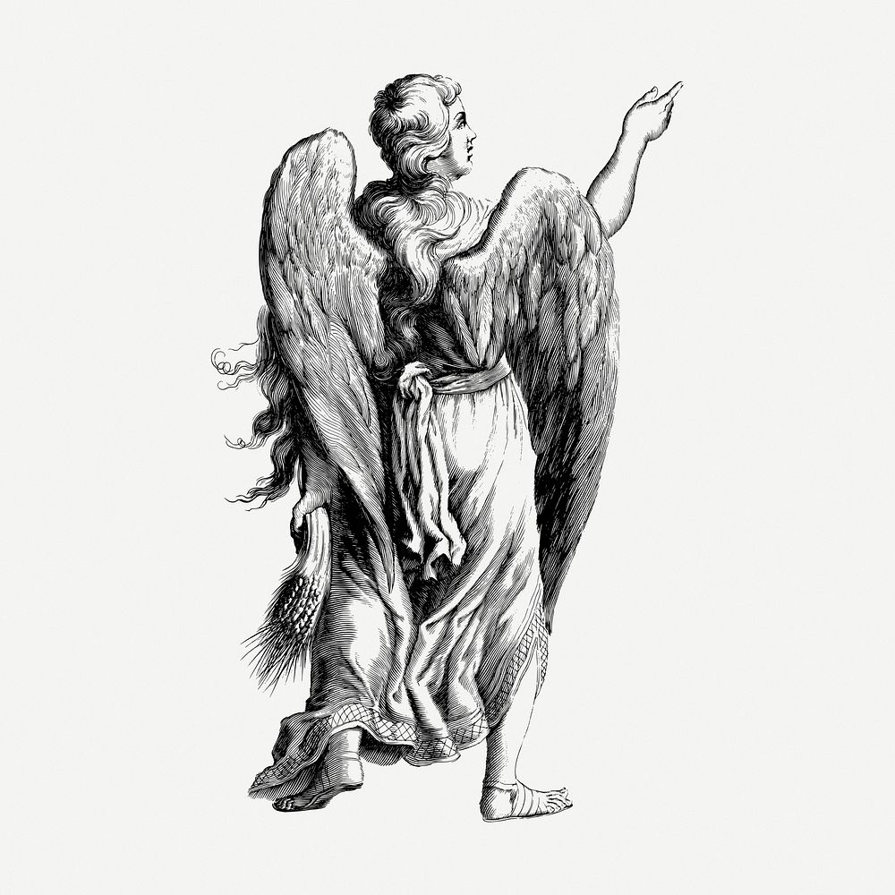 Angel pointing finger drawing, vintage mythical creature illustration psd. Free public domain CC0 image.
