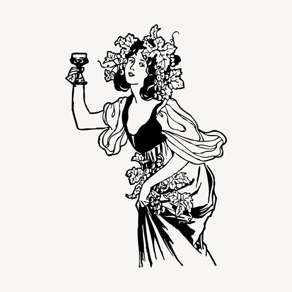 Woman drinking wine clipart, vintage illustration vector. Free public domain CC0 image.