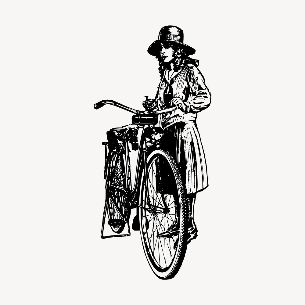 Lady with bicycle clipart, vintage vehicle illustration vector. Free public domain CC0 image.
