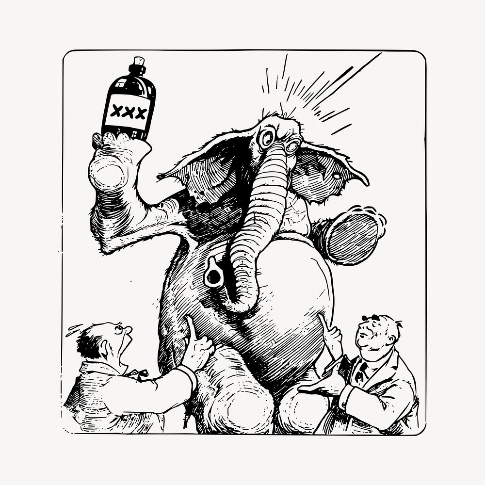 Intoxicated elephant clipart, vintage animal illustration vector. Free public domain CC0 image.