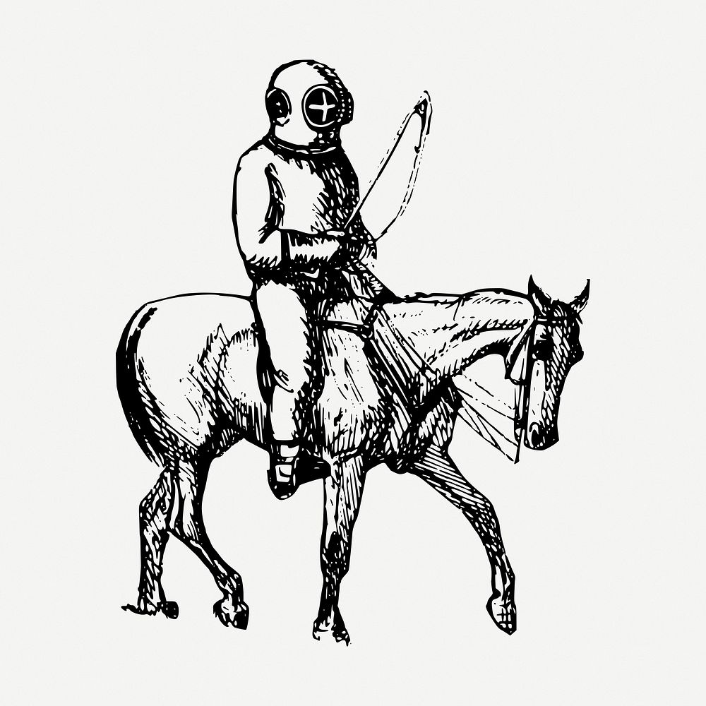 Diver riding horse drawing, vintage illustration psd. Free public domain CC0 image.