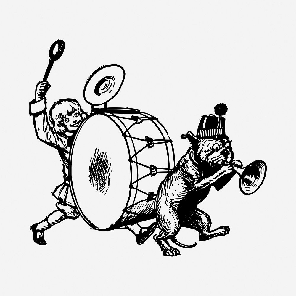 Girl playing drum drawing, marching band illustration. Free public domain CC0 image.