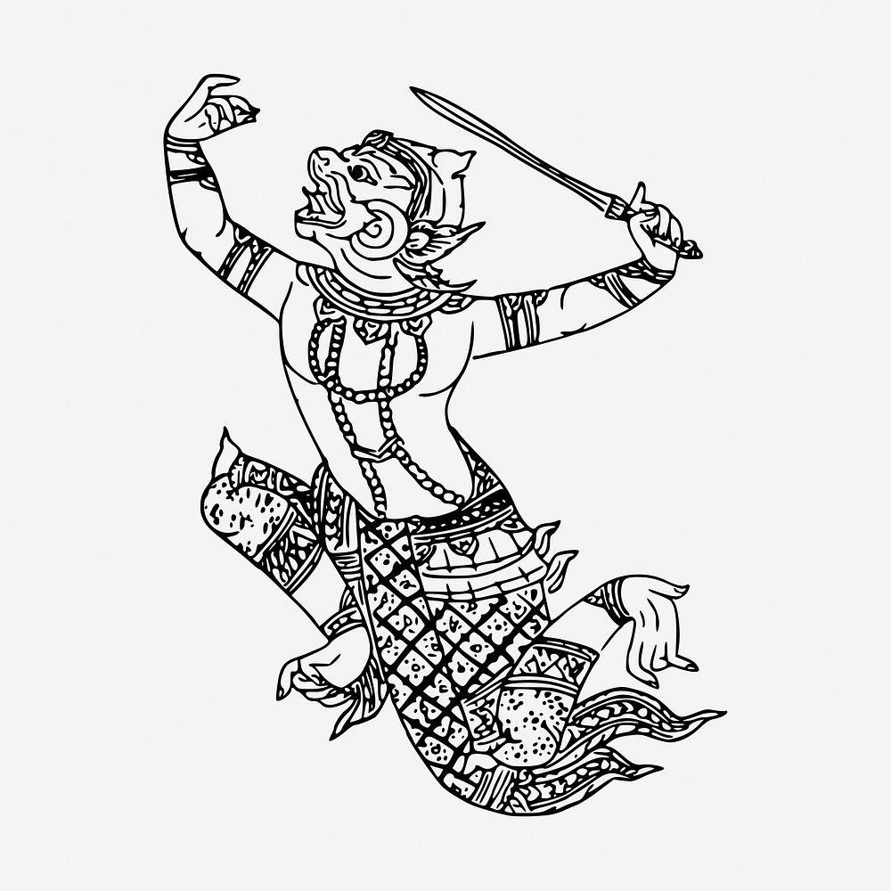 Hanuman drawing, vintage mythical creature illustration. Free public domain CC0 image.