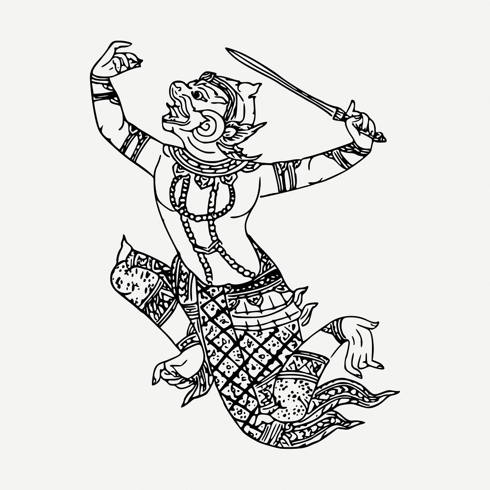 Hanuman drawing, vintage mythical creature illustration psd. Free public domain CC0 image.