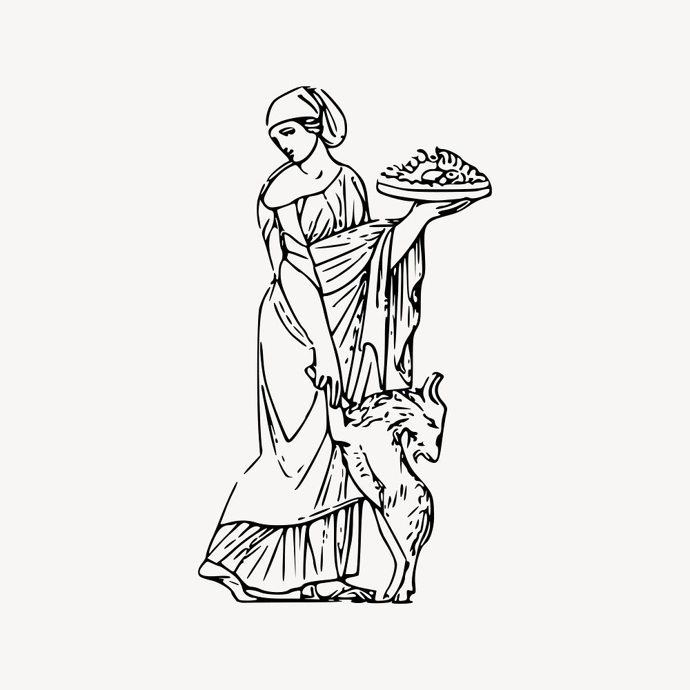 Ancient peasant drawing, maiden illustration vector. Free public domain CC0 image.
