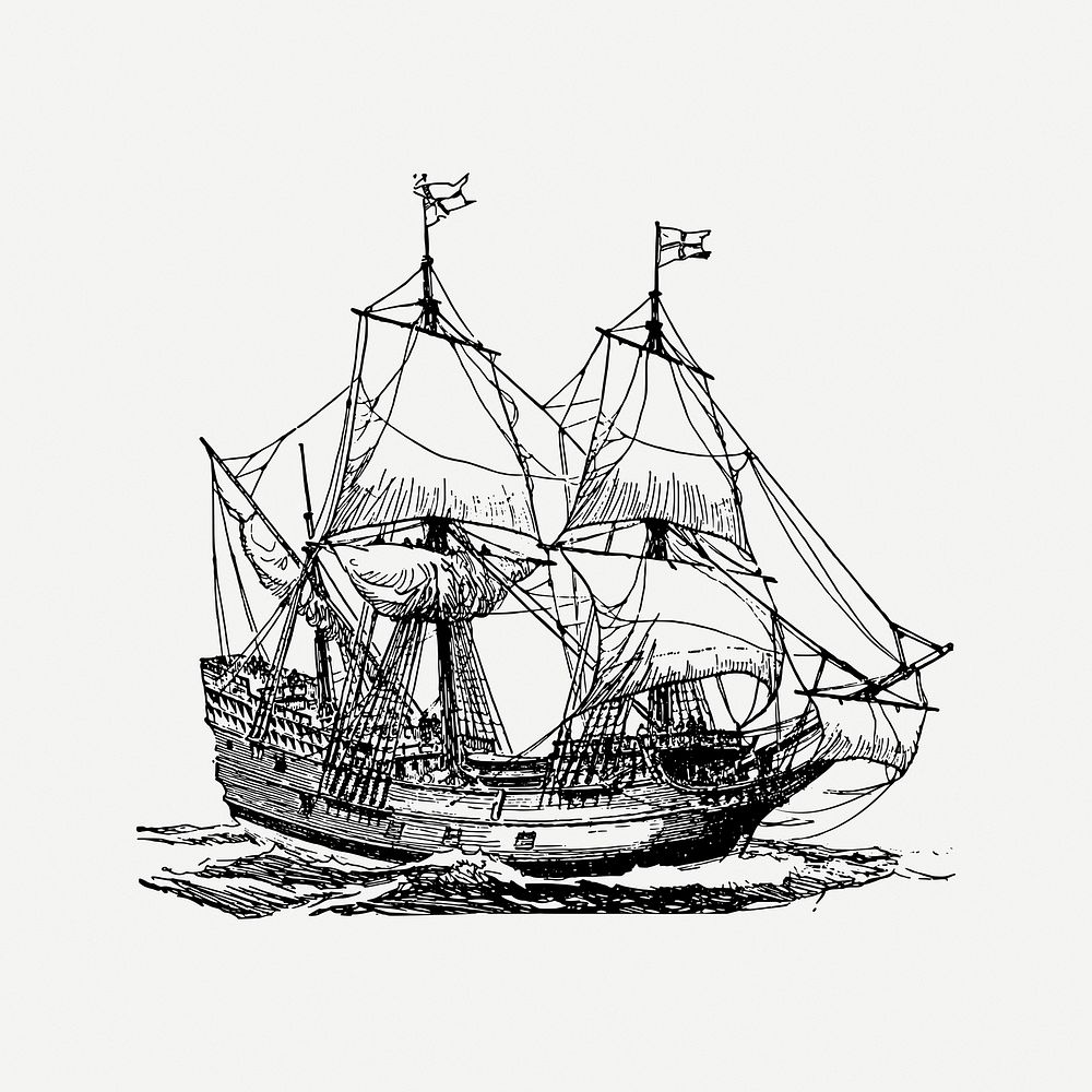 Antique ship clipart, explore illustration psd. Free public domain CC0 image.