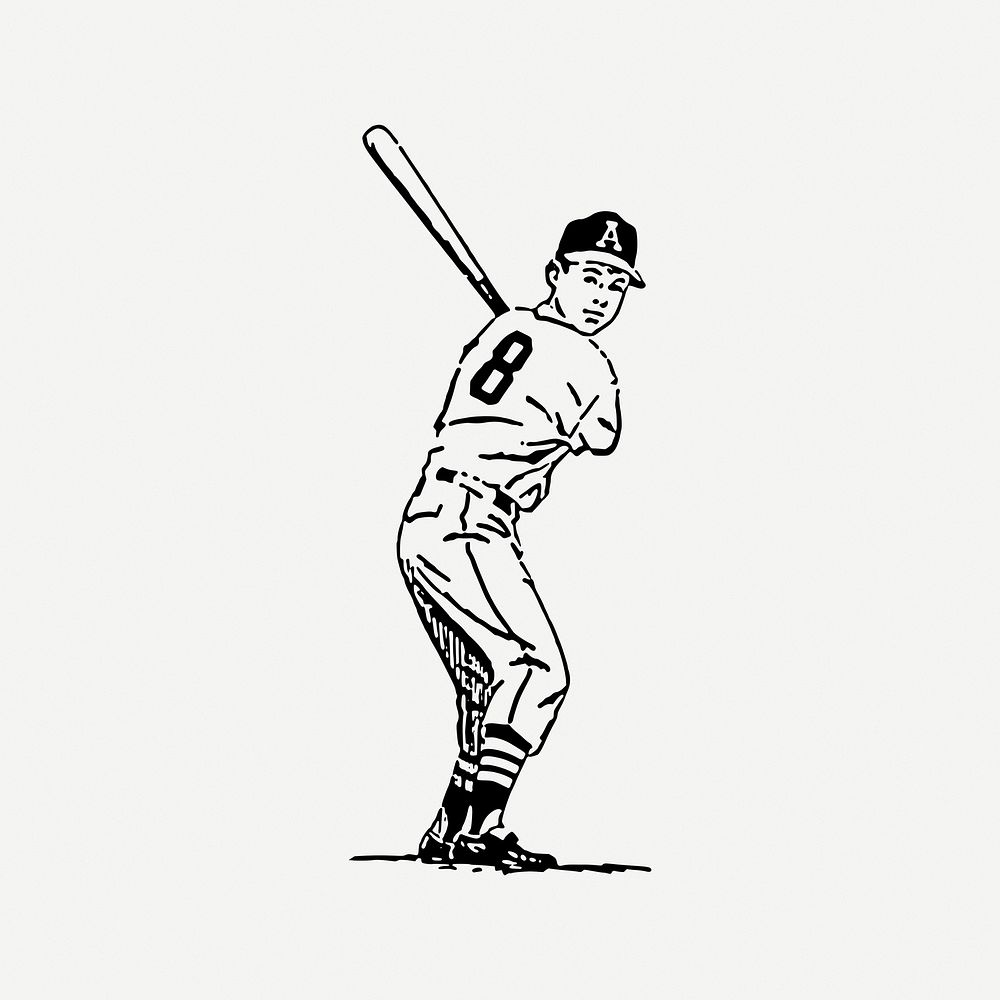 Baseball player clipart, vintage sports illustration psd. Free public domain CC0 image.