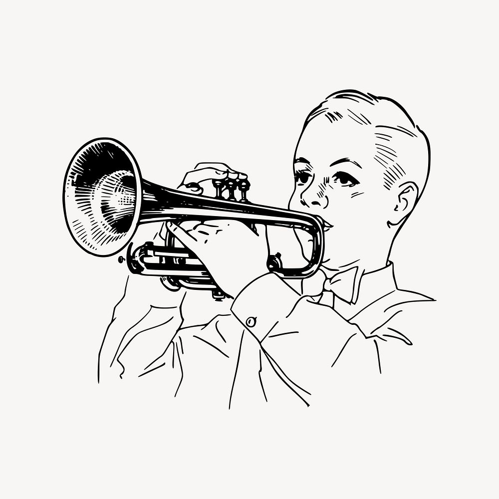 Trumpet player drawing, musical instrument illustration vector. Free public domain CC0 image.
