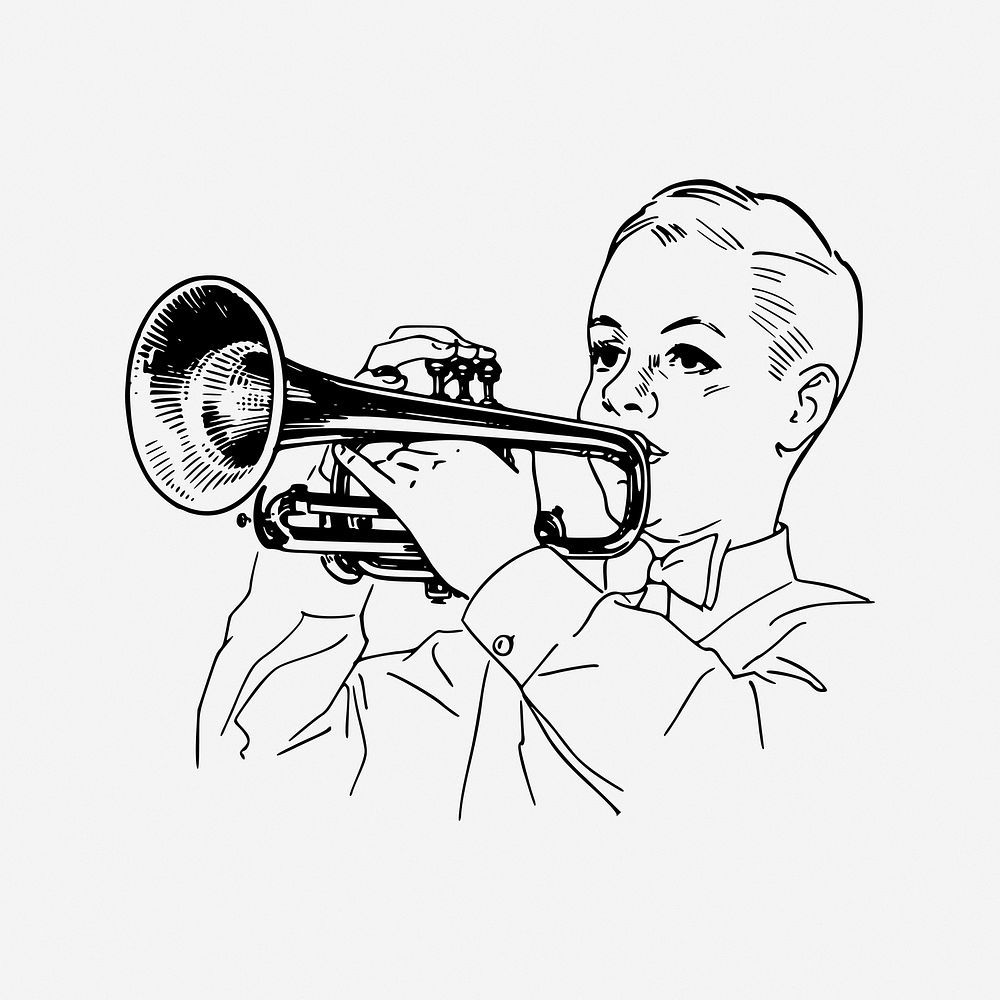 Trumpet player, musical instrument illustration. Free public domain CC0 image.