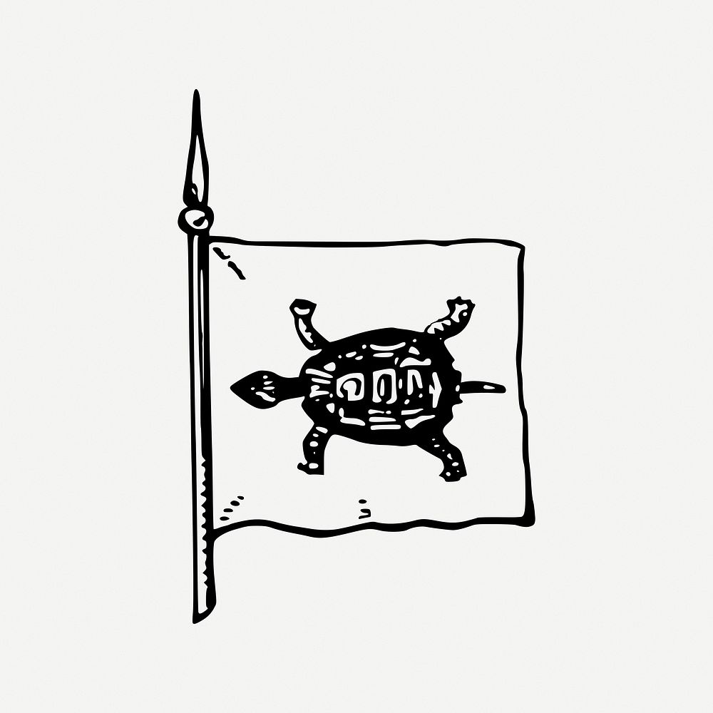 Turtle flag drawing, animal illustration psd. Free public domain CC0 image.