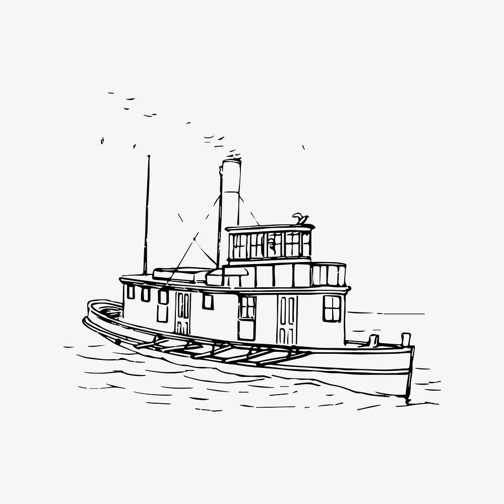 Tugboat clipart, black and white illustration vector. Free public domain CC0 image.