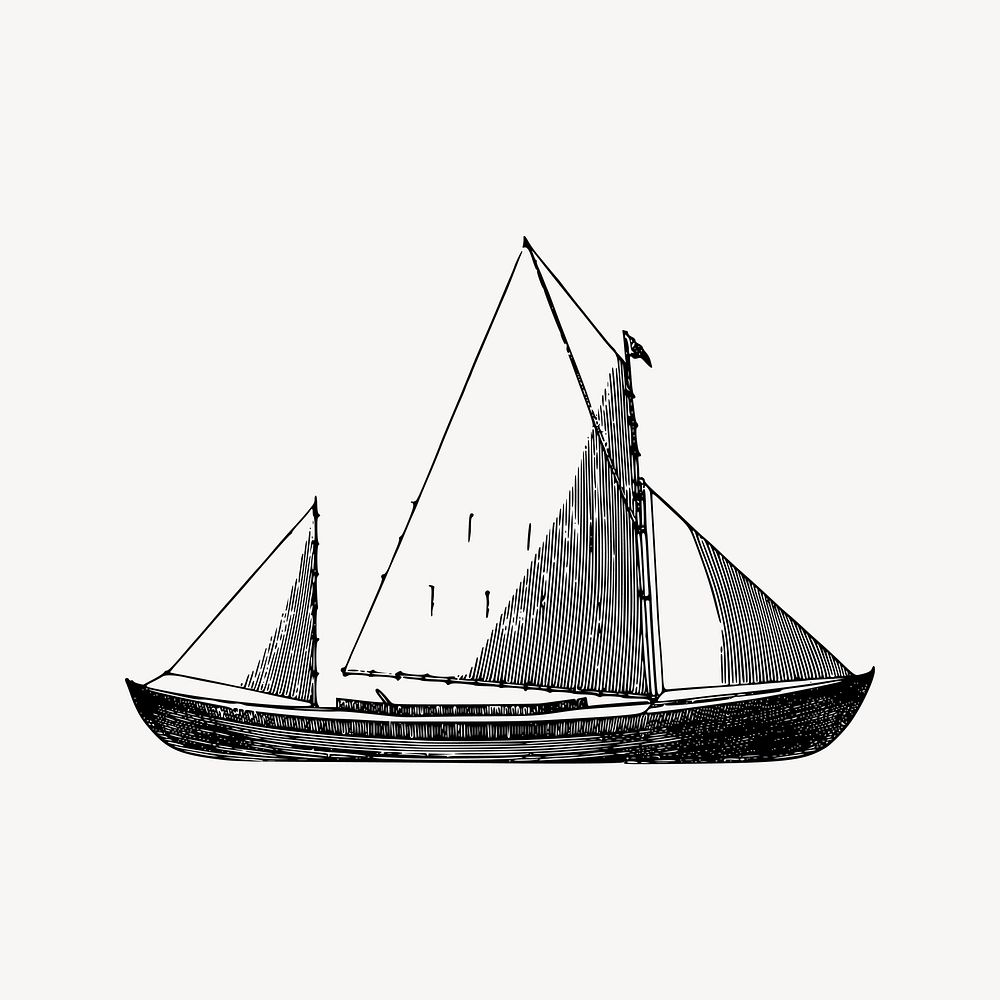 Sailing boat clipart, black and white illustration vector. Free public domain CC0 image.