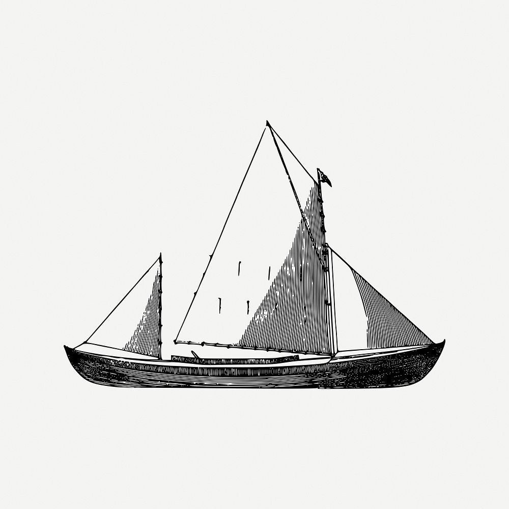 Sailing boat collage element, black and white illustration psd. Free public domain CC0 image.