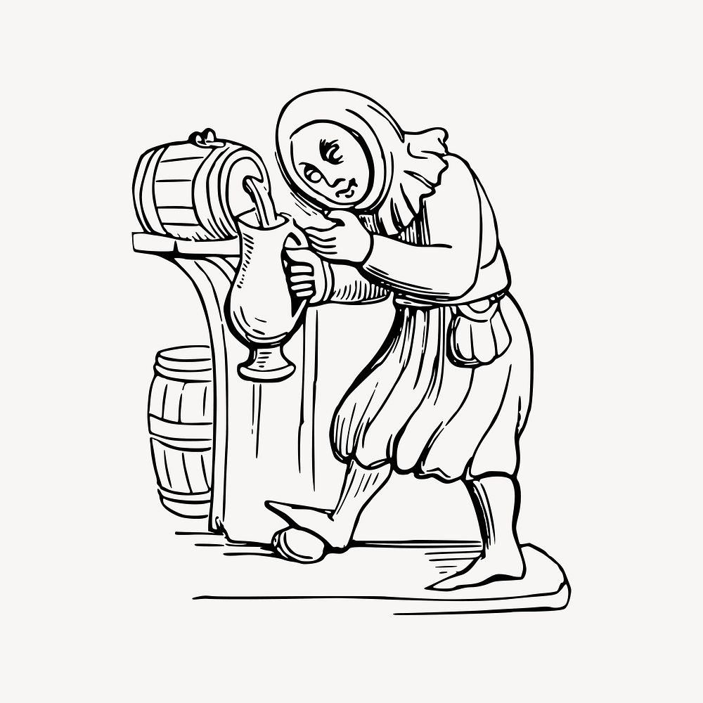 Medieval drinker drawing, beer tap illustration vector. Free public domain CC0 image.