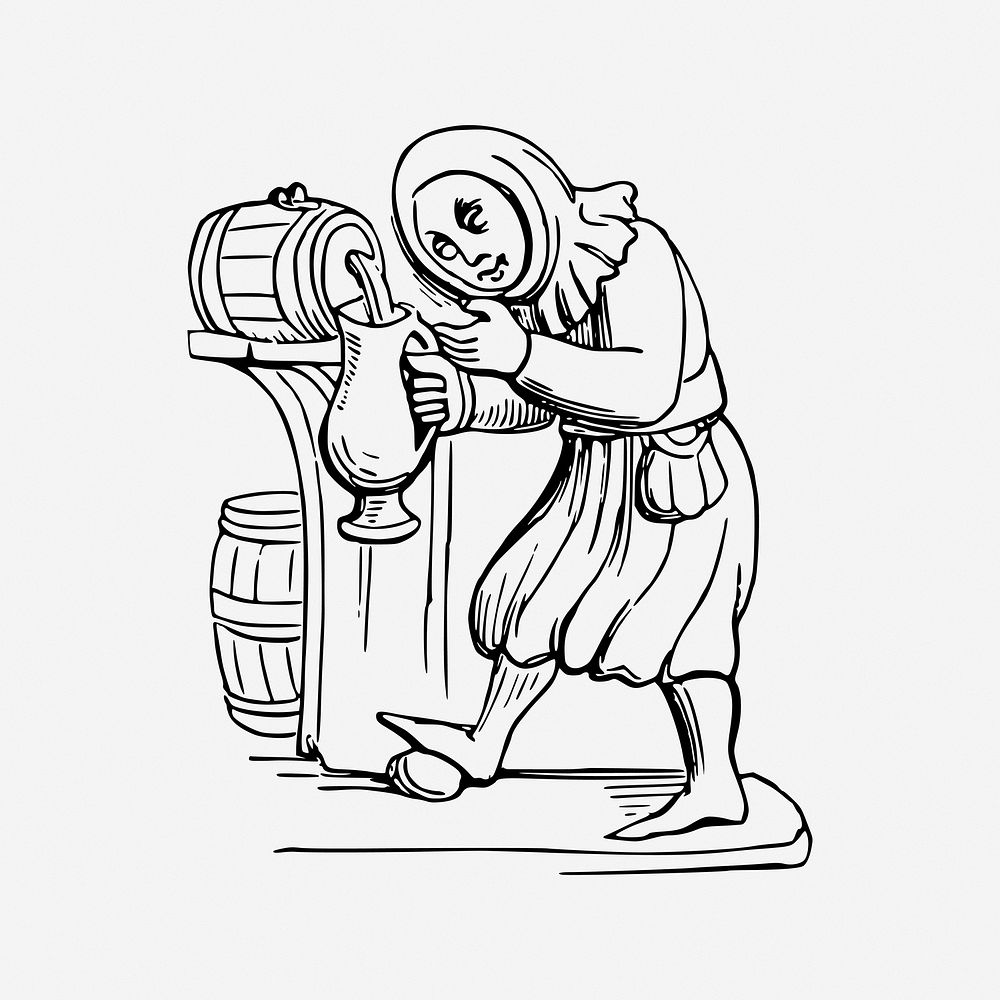 Medieval drinker, beer tap illustration. Free public domain CC0 image.