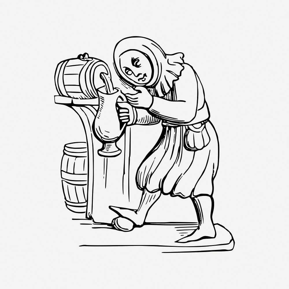 Medieval drinker collage element, beer tap illustration psd. Free public domain CC0 image.