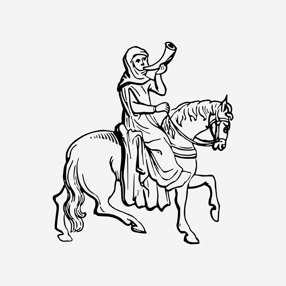 War horn, medieval soldier illustration. Free public domain CC0 image.