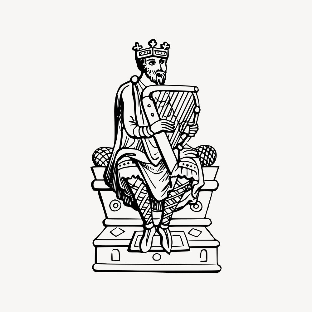 King playing harp clipart, antique illustration vector. Free public domain CC0 image.