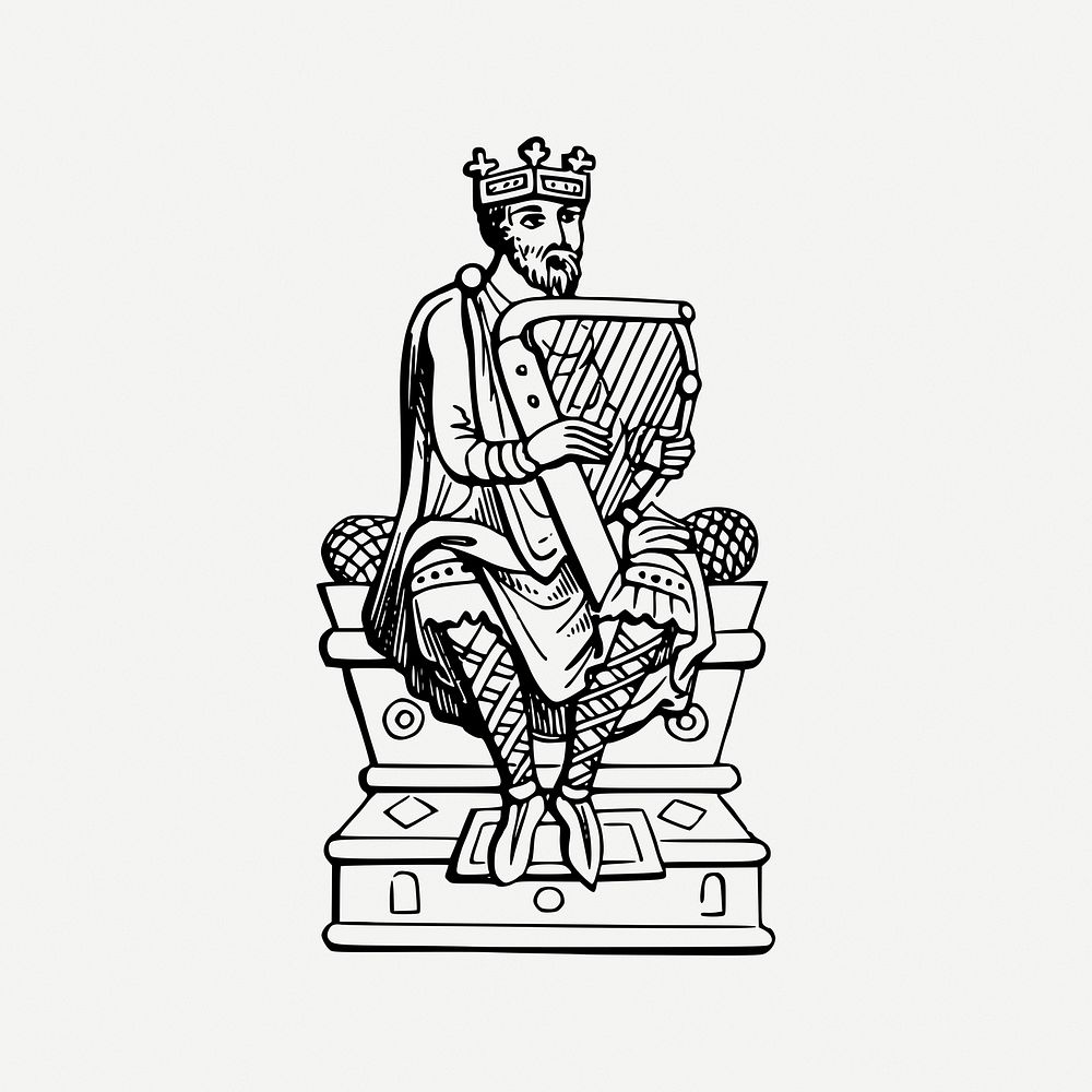 King playing harp clipart, antique illustration psd. Free public domain CC0 image.