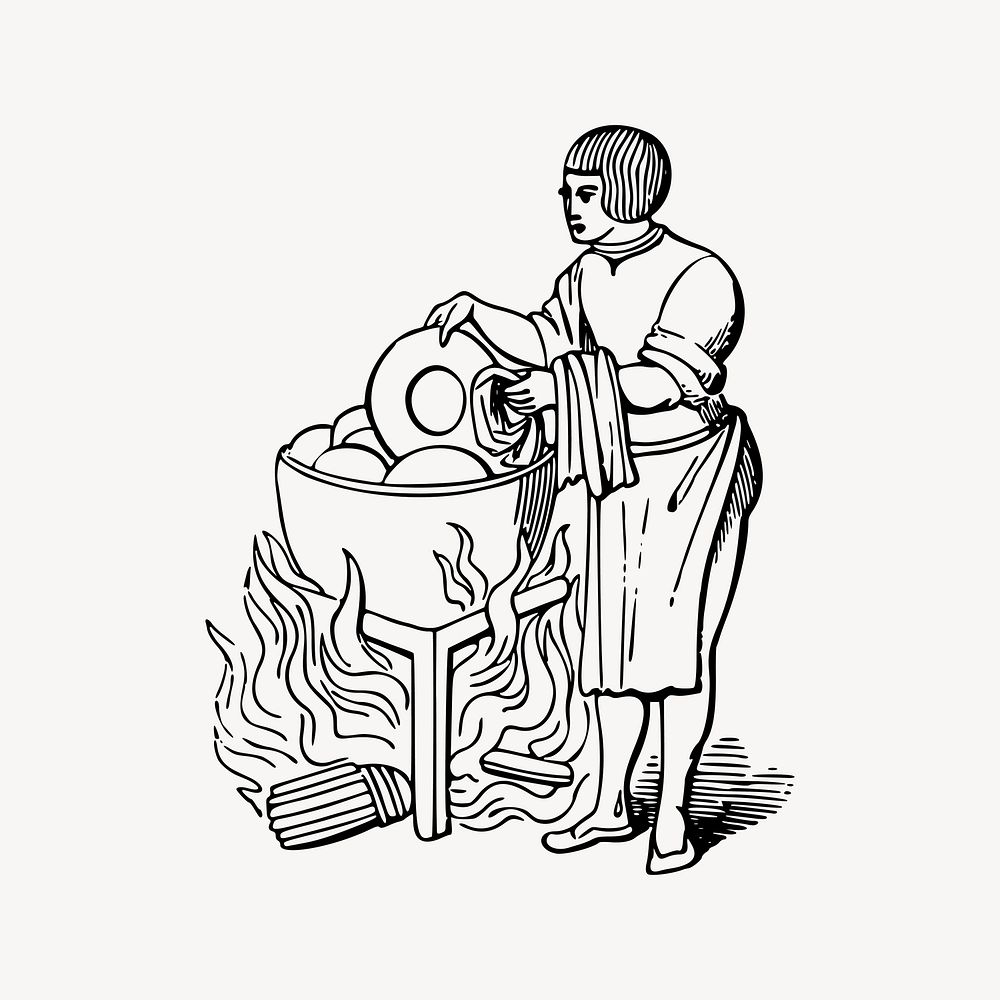 Medieval peasant drawing, dishwasher servant illustration vector. Free public domain CC0 image.