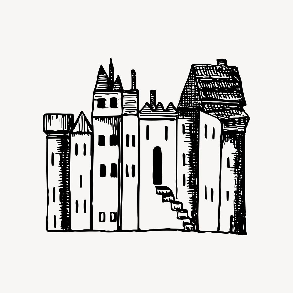 Castle drawing, fortified building illustration vector. Free public domain CC0 image.