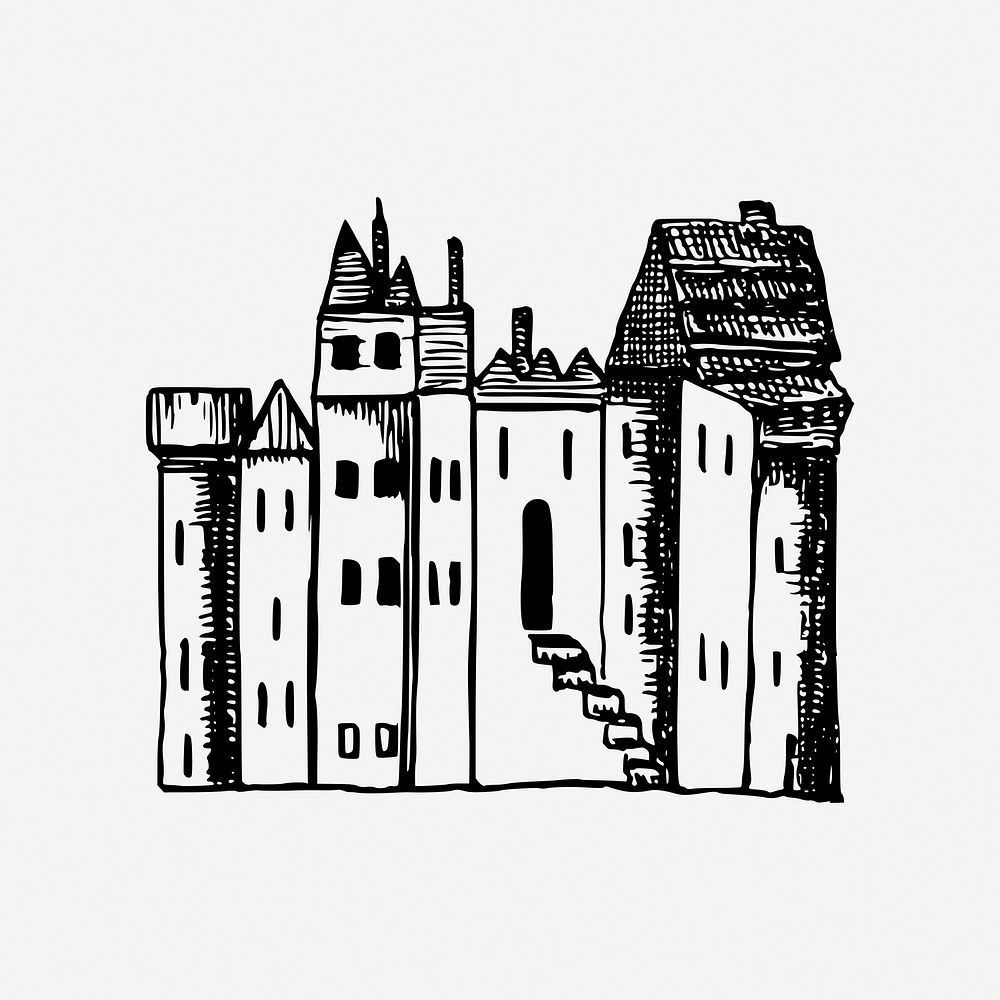 Castle, fortified building illustration. Free public domain CC0 image.