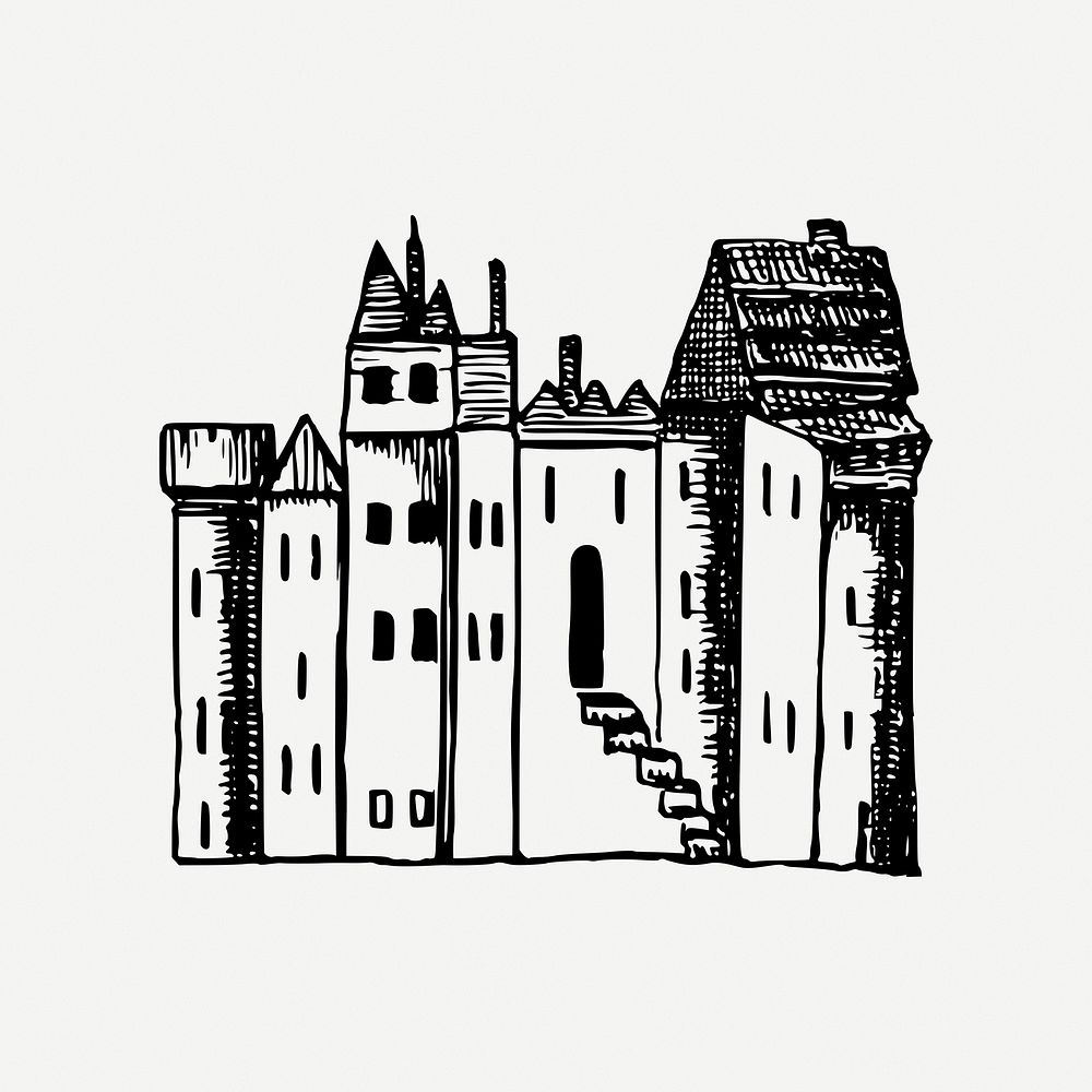 Castle collage element, fortified building illustration psd. Free public domain CC0 image.