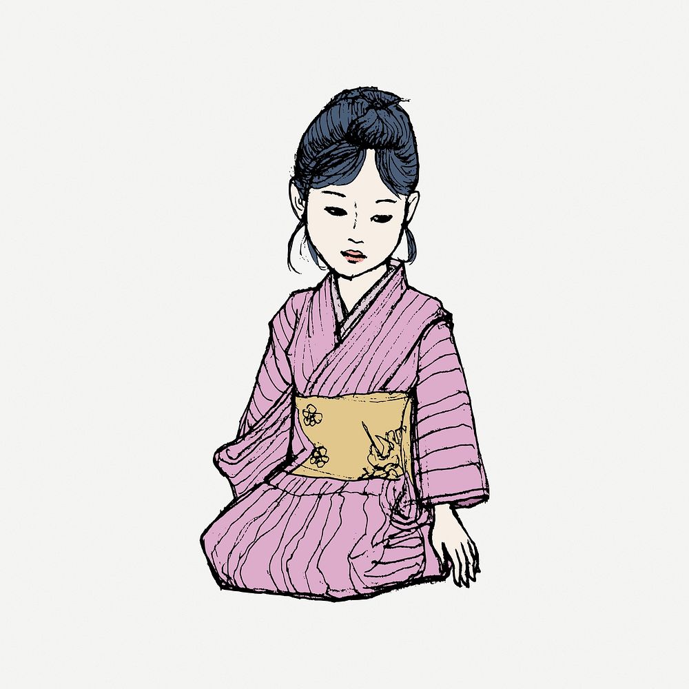 Japanese woman collage element, cartoon illustration psd. Free public domain CC0 image.