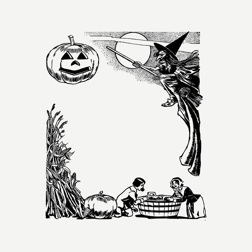 Halloween frame collage element, black and white illustration psd. Free public domain CC0 image.