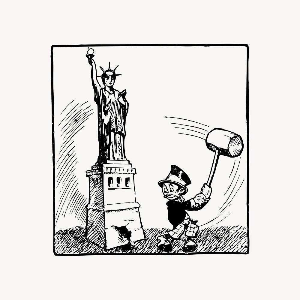 Breaking the statue of liberty drawing, USA political satire cartoon illustration vector. Free public domain CC0 image.