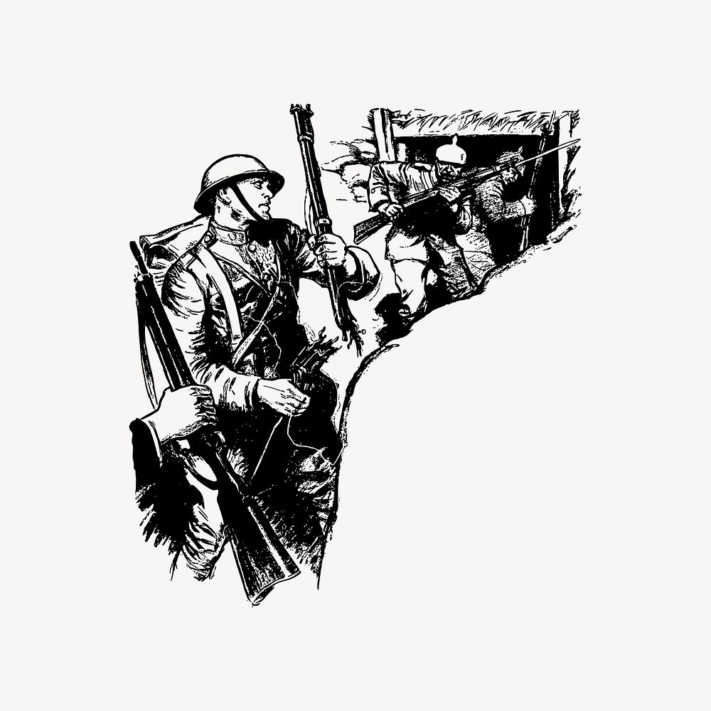 Soldiers at war drawing, battle illustration vector. Free public domain CC0 image.