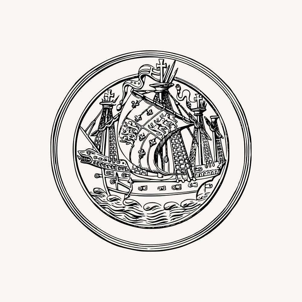 Ship badge collage element, antique adventure illustration vector. Free public domain CC0 image.