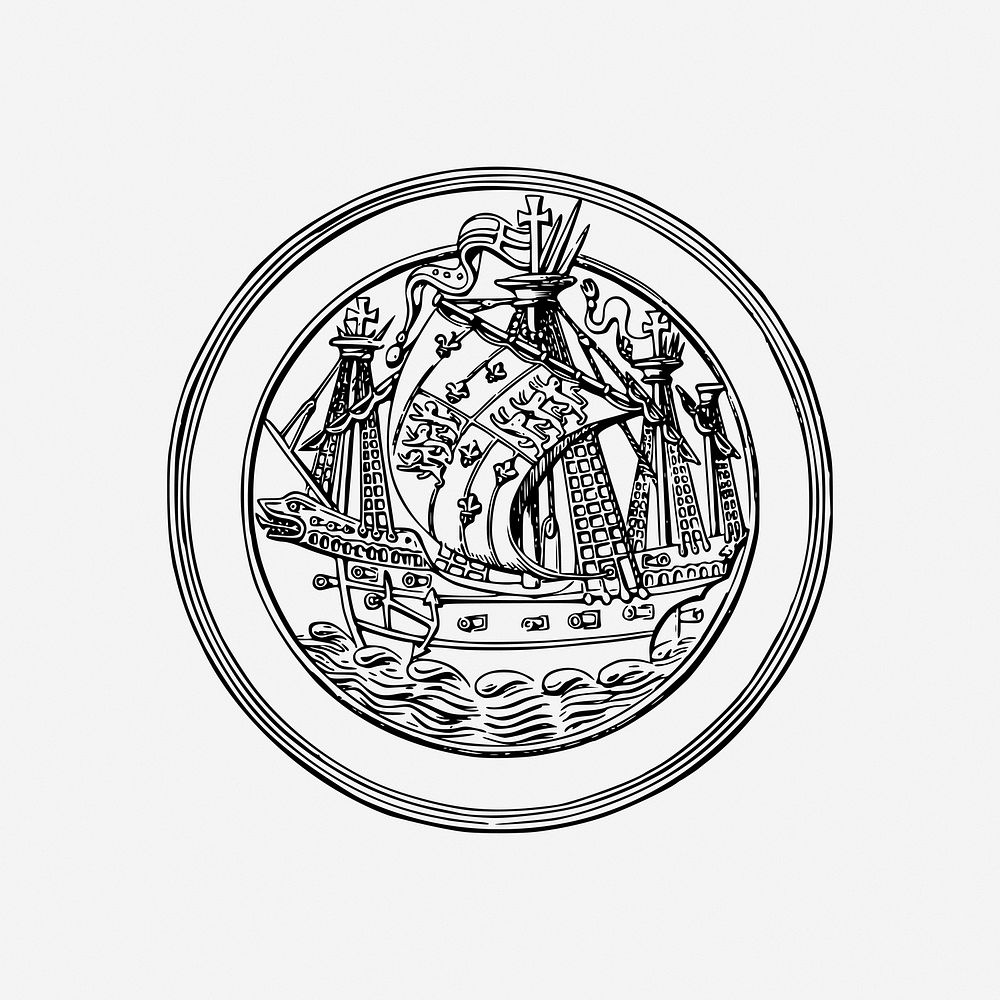 Ship badge, antique adventure illustration. Free public domain CC0 image.