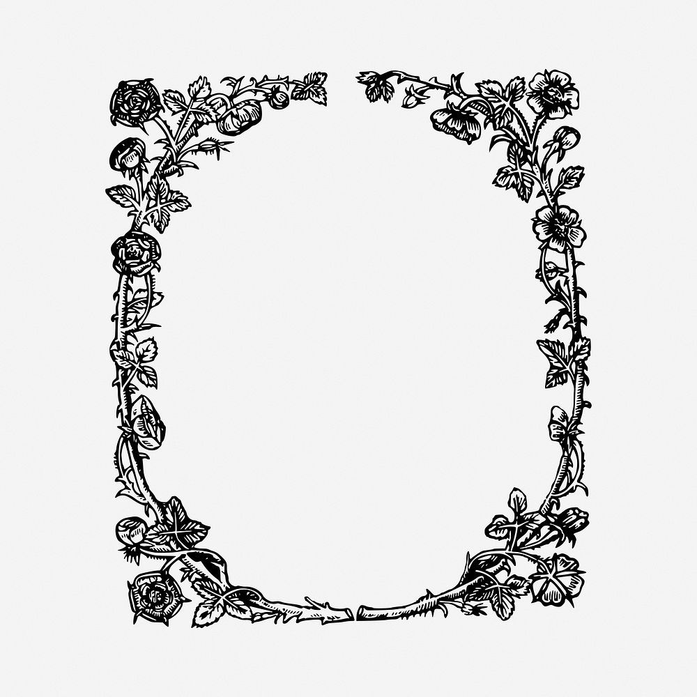 Floral frame black and white illustration clipart. Free public domain CC0 image