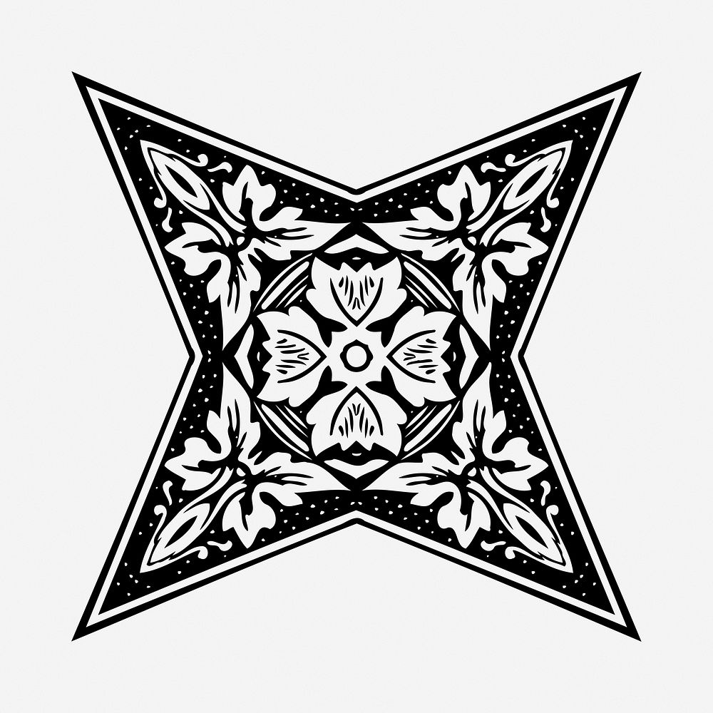 Vintage decorative star black and white illustration clipart. Free public domain CC0 image