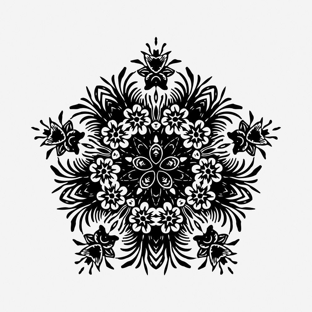 Vintage pentagon ornamental black and white illustration clipart. Free public domain CC0 image