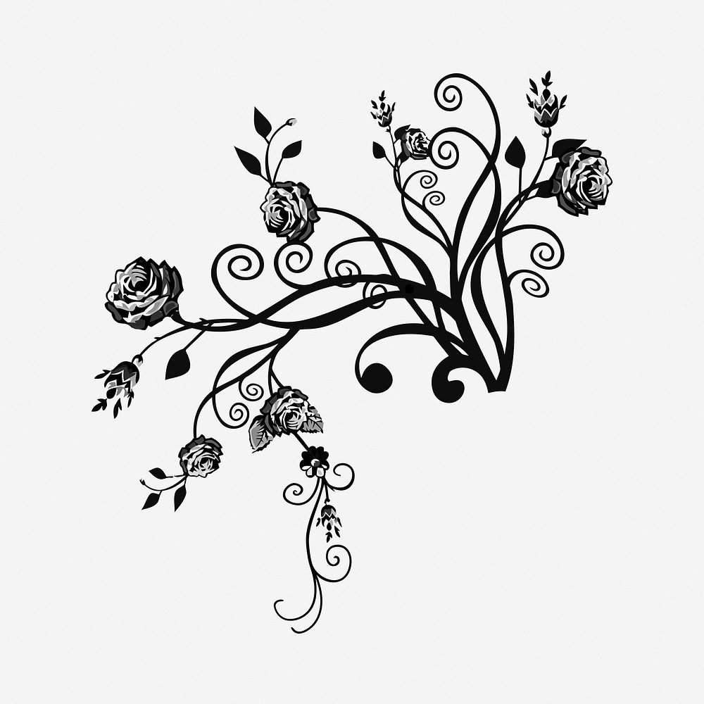 Flower flourish black and white illustration clipart. Free public domain CC0 image