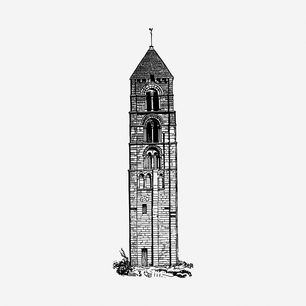 Church tower black and white illustration clipart. Free public domain CC0 image