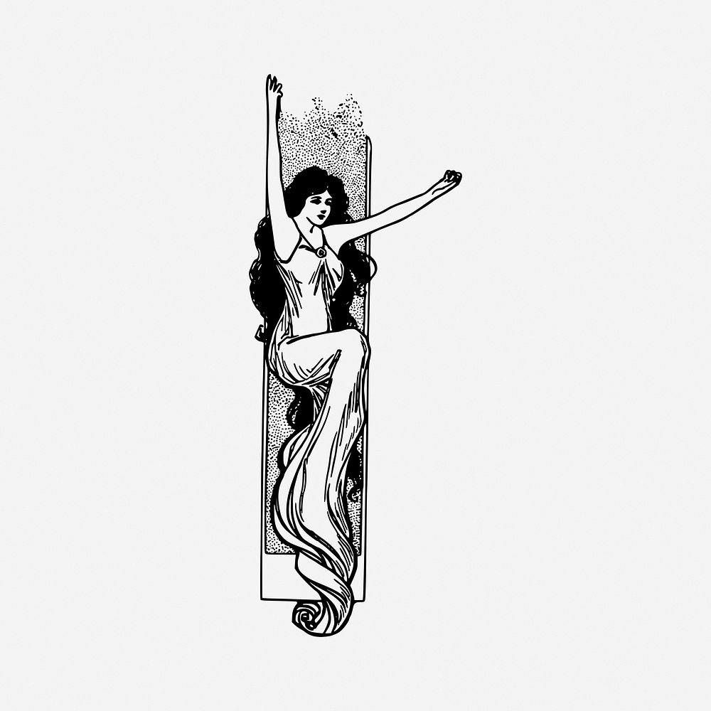 Beautiful woman divider black and white illustration clipart. Free public domain CC0 image