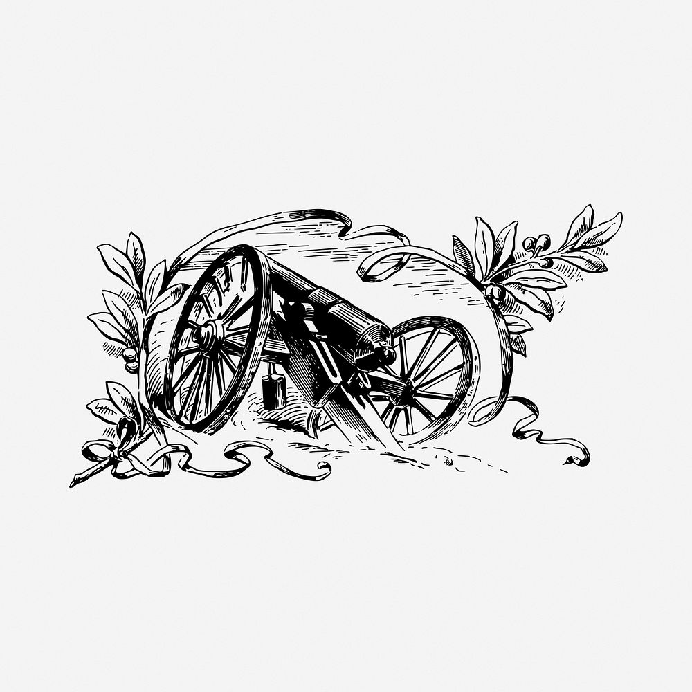Cannon weapon black and white illustration clipart. Free public domain CC0 image
