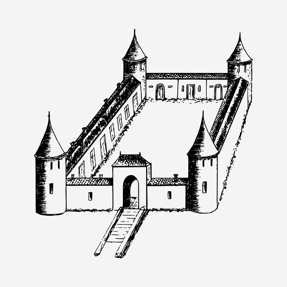 Castle fort black and white illustration clipart. Free public domain CC0 image