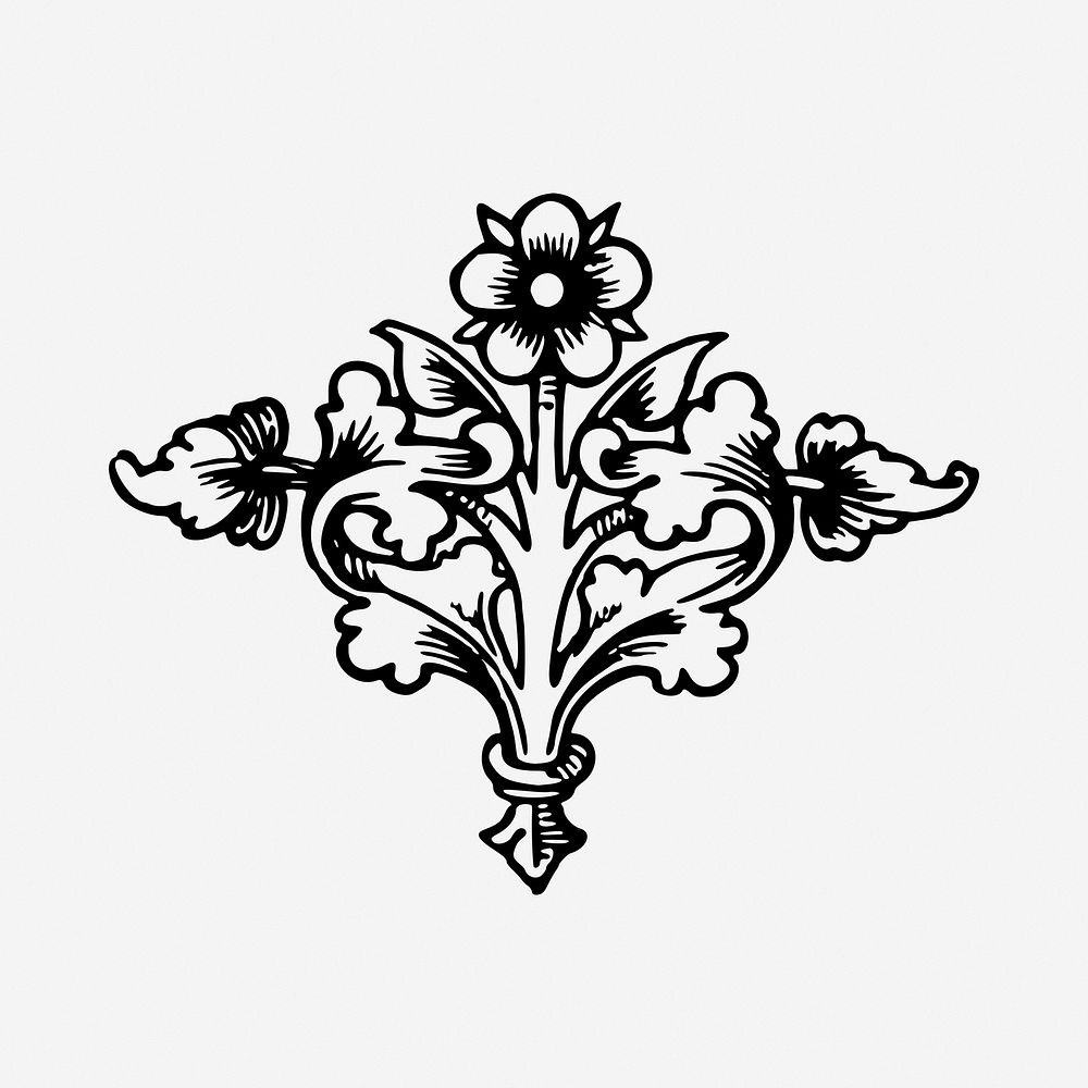 Elegant floral decoration black and white illustration clipart. Free public domain CC0 image